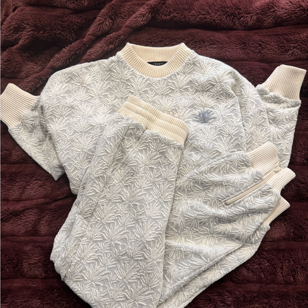 Designer Cream and Gray Patterned Sweatsuit Set